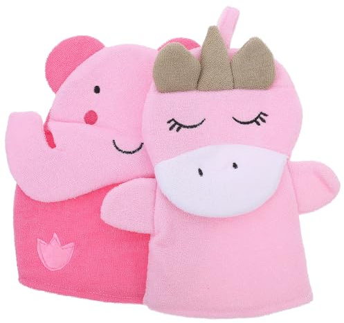 Beaupretty 2pcs Kids Exfoliating Bathing Scrubbing Gloves Made of Composite Cotton Easy to Operate Pink Shower Mittens with Elephant and Unicorn Shapes for Gentle Skin Cleaning