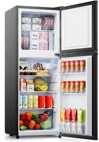 KOMORE Small Fridge Freezers Freestanding 105L 7‑Stage Thermostat LED Light | Black, 2 Doors, Removable Shelves, Low Noise, Energy Saving Under Counter Fridge Freezer for Dorm/Office/Bedroom