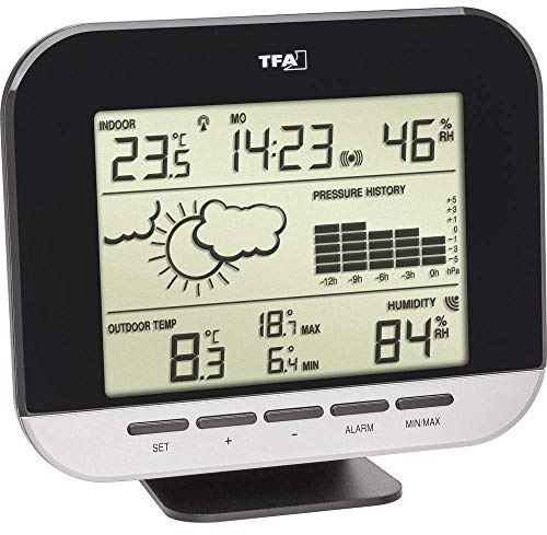 TFA Dostmann Connect Funk-Wetterstation, Wettervorhersage, Funkuhr, Innentemperatur, Luftfeuchtigkeit, Außentemperatur, schwarz, (L) 160 x (B) 36 (56) x (H) 130 (145) mm