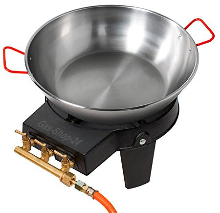 Wokbrenner Set/Gaskocher 9,2 KW mit Gasschlauch + Druckminderer + 40 cm Stahl Wokpfanne/Paellapfanne (Gusseisen Hockerkocher, Asia Kocher, Gastrokocher, Gasherd, Campingkocher für Wok)