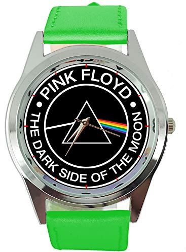 Runde Quarzuhr mit grünem Echtlederband für Fans von Dark Side of the Moon