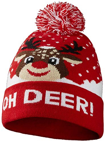 dressforfun 303622 Unisex Weihnachts Bommel Mütze OH DEER, lustiges Rentier, rot weiß