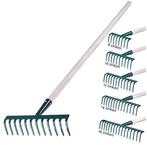 KADAX Rechen aus Metall, Flache Harke mit Stiel aus Holz, Laubbesen für Garten, Beet, Laubrechen, Rasenrechen, grün, Gartengerät, Heurechen, Gartenwerkzeug, Gartenharke (12 Zinken)