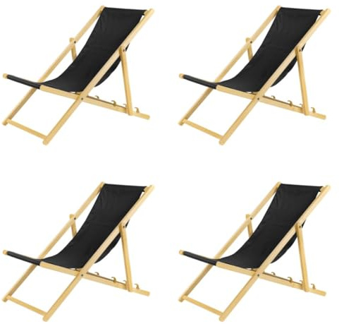 BAS Liegestuhl klappbar aus Holz - 4er Set schwarz Leichte Klappliege - Faltbare & verstellbare Sonnenliege für Garten, Strand & Balkon - Gartenliege mit Atmungsaktiv Stoffbezug - Mischgewebe