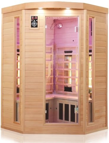 Dewello® Infrarotkabine Infrarotsauna LAKEFIELD 3 140cm x 140cm für 2-3 Personen aus Hemlock Holz mit Vollspektrumstrahler, LED-Farblicht, Bluetooth, FM,MP3,USB