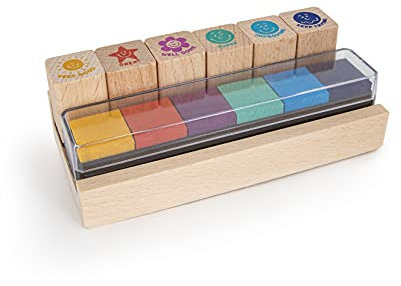 TRENDHAUS 955715 Stempel Set Englisch, 6 Lehrerstempel mit bunten Stempelkissen, Holzstempel für Kinder, für Lehrer, Holz