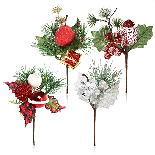 com-four® 4X Deko-Gesteck, dekorative Zweige als tolle Weihnachtsdekoration, schöner Raumschmuck, verschönert Geschenke auch für Kränze und Blumenarrangements DIY (4X Zweig mit Deko)