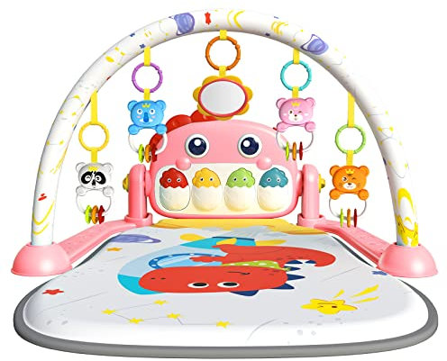 Eners Baby Gyms Spielmatten Musikalisches Aktivitätszentrum Kick & Play Piano Gym Tummy Time – Gepolsterte Matte für Neugeborene (Dinosaurier rot)