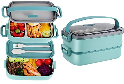 JUBOSYCZ Caja Bento de acero inoxidable para adultos y niños, lonchera japonesa a prueba de fugas, juego de recipientes de almacenamiento de alimentos divididos, apilables, 2 capas para niños,