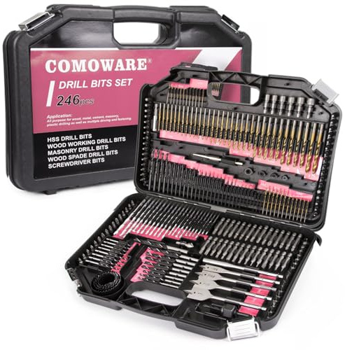 COMOWARE 246 Pcs Drill Bit Set for Cordless Drill, Drill Driver Bit Set for Wood, Metal, Masonry, Cement and Screwdriver Bits Set Combo Kit, Pink Case