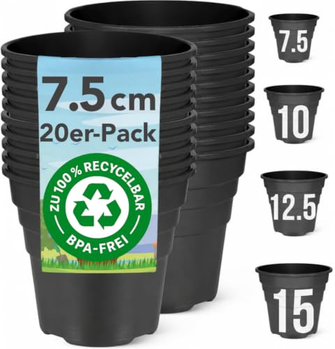 Happy Pots Pot de Fleurs en Plastique 7.5 cm – Pot pour Plantes – Lot de 20 – avec Trous de Drainage – Recyclable – Fabriqué au Royaume-Uni Noir