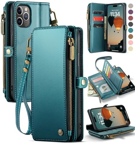 Defencase iPhone 11 Pro Max Case, RFID Blocking Wallet Case for Women & Men, PU Leather Flip Case with Card Holder, Zipper, Kickstand, Elegant Green Blue
