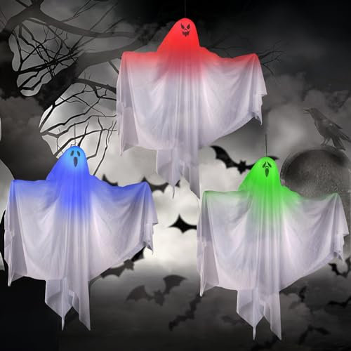 Halloween hängende Geister, 3 Stück Fliegende Geister Halloween Deko Horror für Vorgarten Terrasse Rasen Garten Partydekor Halloween Dekoration