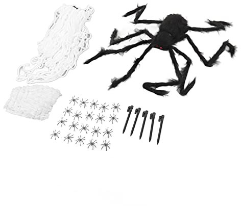 Acouto Halloween-Dekorsches Riesenspinnennetz mit Premium-Baumwolle, Haken und Spinnen -C Schwarz, 5 M Weiöes Dreieckiges Spinnennetz, 125 cm Schwarze Spinne, 40 G Weiöe Baumwolle, 20