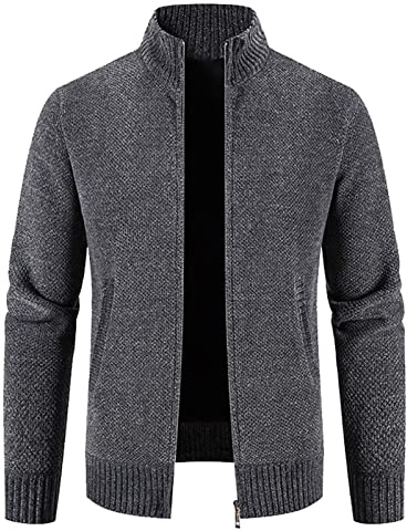 Kofta herr med ståkrage cardigan med dragkedja sweatjacka klassisk övergångsjacka fleecejacka vinterjacka mode koftor med fickor lätt stickad jacka, Mörkgrå, 3XL