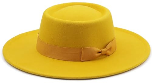 Damen Herren Hut mit breiter Krempe, Jazzhut, klassischer Filzhut, solider britischer Fascinator, Damen-Filzhut, gelb, Einheitsgröße