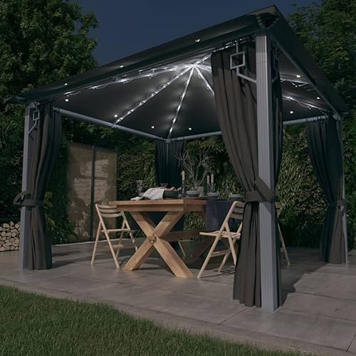 Gecheer Gazebo 3x3m con Tende e Luci LED, Pergola da Esterno in Alluminio Antracite, Padiglione da Giardino con Zanzariera per Feste e Barbecue