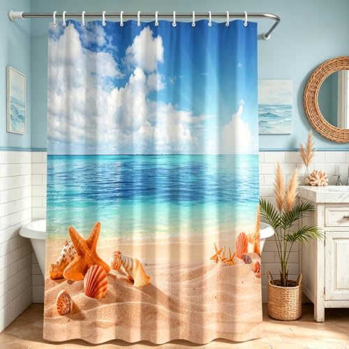 Lerores Duschvorhang 240x200cm Sea Blue, Beschwerter Saum Antischimmel Textil, Wasserabweisend, Waschbar Polyester Badevorhänge mit Ösen und 16 Duschvorhangringen für Badezimmer, Badewanne