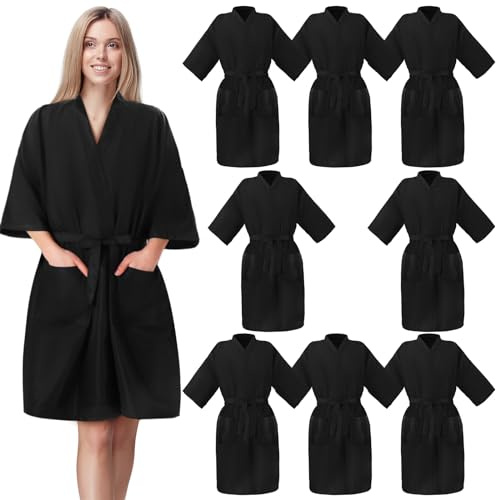 Toulite 8 Pieces Salon Robes Smock for Clients Hair Salon Gown Cape Black Barber Smock Kimono Style Hair Stylist for Clients(2 Pockets)