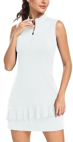 MoFiz Abito Tennis Donna Vestito Polo Estivo Lavoro Abito Senza Maniche Sportivo Golf Dress con Pantaloncini Bianco L