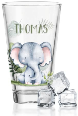 GRAVURZEILE Wasserglas mit UV-Druck - Tiergruppe Safari Design - Personalisiert mit Wunschname - Geschenke für Jungen & Mädchen Kinder zum Geburtstag Einschulung - Geeignet als Trinkglas - Elefant
