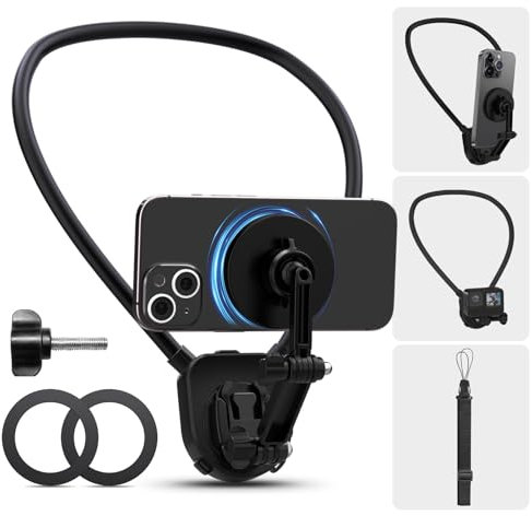 Soporte Magnético de Cuello para Teléfono,POV/Vlog Soporte Cuello Telefono con Clip,Brazo Extensible Smartphone Soporte Magnético con Extra Correa de Sujeción para los Teléfono Serie de Acción Osmo