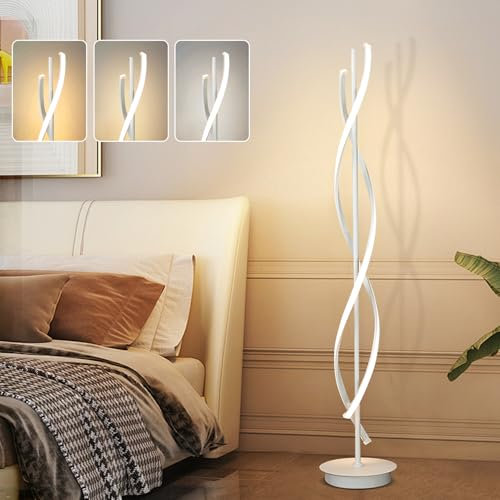 LED Stehlampe, 52W Wohnzimmerlampe Dimmbar, 155cm Hoch, Schwarz, LED-Lampe mit Fernbedienung, Moderne Spirale-Lampe, Leselampe für Eck- und Schlafzimmer (White)