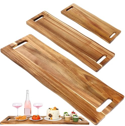 Baderke 3 Pcs 36 x 12inch, 27 x 6inch, 20 x 6inch Large Rectangular Charcuterie Board with Handles Wood Serving Tray Board Acacia Wooden Cheese Platter for Meat Food Party Appetizers Fruits Display