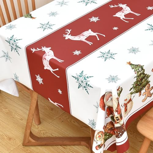 Yofori Christmas Table Cloth Wipe Clean PVC Xmas Tablecloth Rectangle Red Plastic Table Cover Waterproof Wipeable Vinyl Oilcloth Reindeer for Spring festival New Year Dining Party (Deers, 137x180cm)