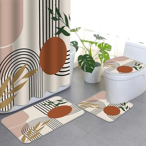APROPHIC Juego de 4 cortinas de ducha estilo bohemio medieval abstracto moderno con cortina de ducha y alfombra, alfombrilla para tapa de inodoro y almohadilla en forma de U, lavable con 12 ganchos