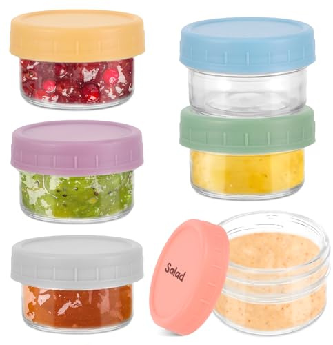6Pc Small Glass Food Containers with Lids, 80ML Small Glass Jars with Lids, Reusable Dressing Sauce Containers Cups, Leakproof Snack Pots for Overnight Oats Yoghurt Cereals Milk Fruit Condiment Juice