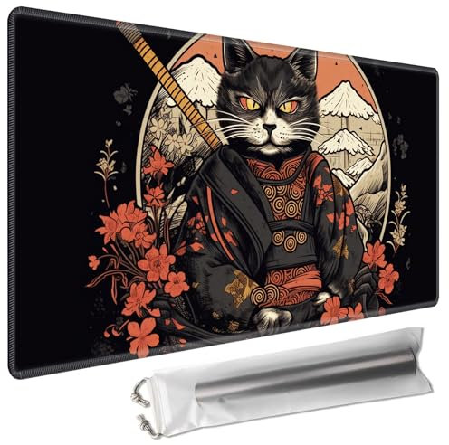 for MTG Playmat with Storage Bags Non-Slip Rubber Backing & Stitched Edges Game Play Mat for MTG/TCG 24 x 14 inches Trading Card Game Playmats Magic Mat Gaming Mouse Pad Desk Mats,Cat Warrior Art