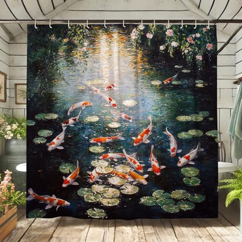 Carp Fish Shower Curtain, Vibrant Watercolor Red White Pond Bath Curtain for Bathroom Decor, Spring Summer Modern Nature Inspired Waterproof Fabric Shower Curtain Set with Hooks 72x72 Inch