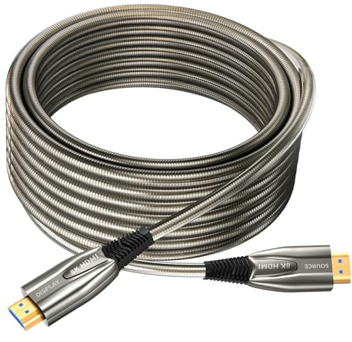 Ploiwue Câble HDMI à fibre optique de 10 m 8K 48 Gbit/s avec gaine en métal ultra haut débit 8K @ 60 Hz 4K @ 120 Hz compatible avec PlayStation 5 PC HDTV (gris clair)