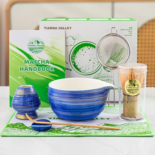 TIANNA VALLEY 7 Stück Matcha Set Blau,Matcha Besen, Matcha Set für Zeremonie,Matcha Besen,480 Ml/16.2 Oz Keramik Schale(chawan) mit Ausguss,Bambus Schneebesen und Halter,Tradition Matcha Tee Set