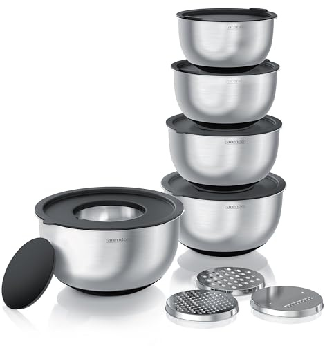 Arendo - Salatschüsseln Edelstahlschüssel Set 5-teilig - mit sicher abschließenden Deckeln – 3 Reibaufsätze - Rührschüsseln in 1,6 bis 5 Liter – Silikonboden - spülmaschinengeeignet – BPA-frei