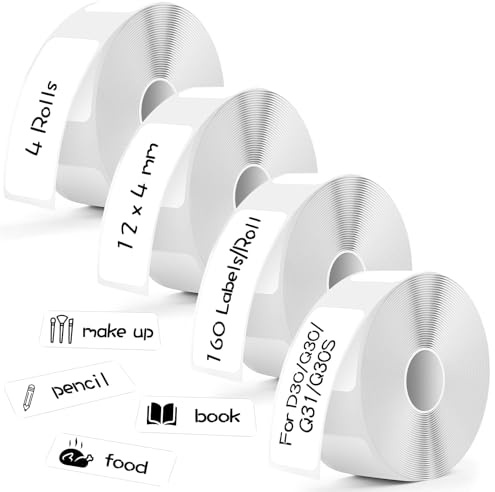 PlsMupn 4 Rollen Thermo-Etikettenband 12 x 40 mm, P15/P12/D30/Q30/Q31/Q30S Etiketten Papier, 160 Etiketten/Rolle, Wasserfeste Etikettenband-Ersatz für Haus/Büro/Schule