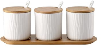 AOWVUTS Juego de 3 Azucarero Saleros de Cocina de Cerámica Azúcar Pot con Tapa de Bambú y Cuchara Botes para Especias Tarros de Almacenamiento Cocina Reastaurant (Blanco)