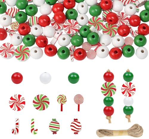 Vookkp 200 Stück Holzperlen Weihnachten Holzkugeln mit Loch Holz Weihnachtsperlen Christmas Perlen Holzperlen 20mm für Weihnachtsdeko DIY-Basteldekoration Süßigkeitenmuster