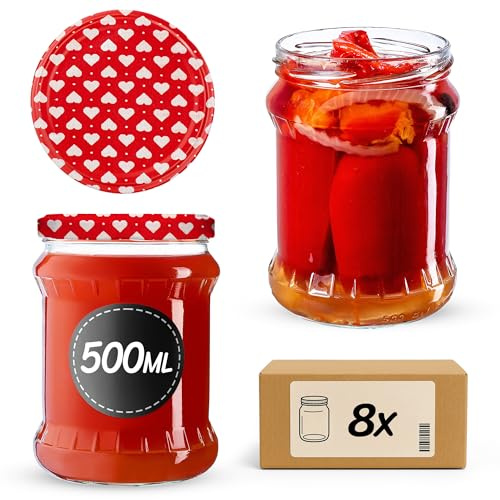 KADAX Tarros de conservas de 500 ml, con tapa de rosca fi82 mm, tarros para conservas de frutas, verduras, miel y conservas (corazón, 8 unidades)