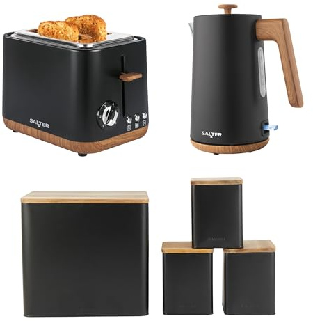 Salter Toronto Kitchen Set, Kettle Toaster Canister Set, Matte Black | 1.7 L 3 kW kettle, 2-slice toaster, 4-piece set with bread bin plus tea, coffee and sugar canisters, wood-effect accents