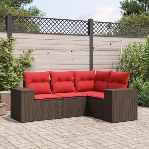 Teenpull 4-delat set för trädgårdssoffa, polyrattan brun, modulär loungesoffa med kudde, UV-beständig, 110 kg lastkapacitet per säte, för terrass och trädgård