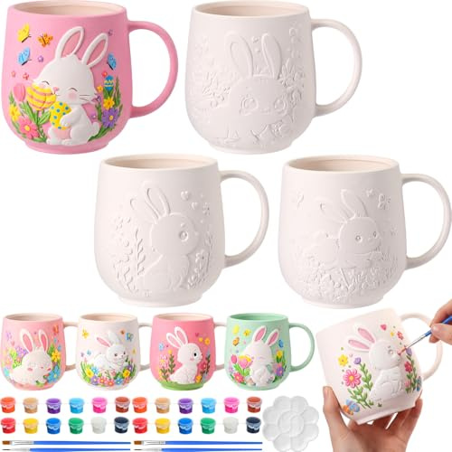 Zubebe 4 Sets Easter Paint Your Own Mugs Craft Kit, Bunny Ceramic to Paint, DIY Mugs for Adults, Festive Coffee Tea Cup for Adults with Painting Set for Easter Basket Stuffers Family Party Favors Gift
