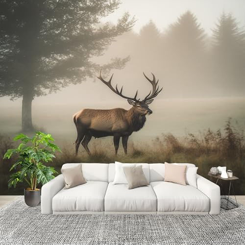 Genérico Papel Pintado Panorámico 300x210 cm Bosque Animales Alces Personalizable Fotomurales No Tejido Póster Pared Decoración Gris 3D Duradero y Resistente a las manchas Fotomurales