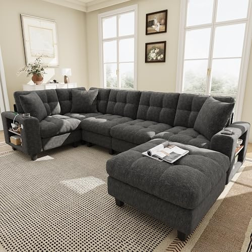 BEJUDYTT U-förmiges XXL-Modulares Ecksofa, 6-Sitzer Chenille-Sofa mit Bücherregal-Armlehnen, beweglichem Hocker für L- und U-Form, Becherhalter & U-S-B-/US-B-C-Anschlüsse (Grau)