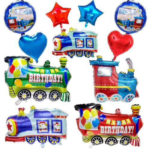 Lukinuo Tåg födelsedagsdekoration ångtåg ballonger barn – 11 stycken helium folieballonger, röda, blå, gröna dragballonger, Happy Birthday-ballong, skolbuss, stjärnkärleksballong