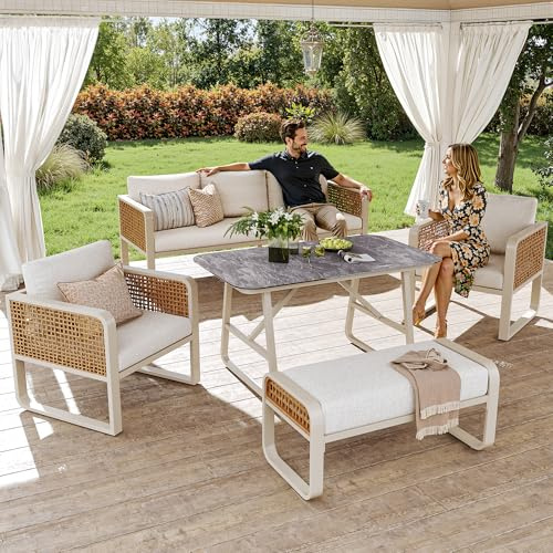 Lekvvied Set giardino esterno in rattan per 6-7 persone,con divano 3 posti,2 poltrone singole e 1 tavolo,divano da giardino con cuscini lavabili, piedini regolabili,mobili da giardino,beige