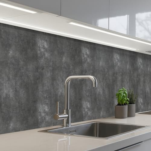 KitchenYeah© Paraschizzi Cucina Adesivo Pannello Parete Paraspruzzi | 60x250 cm - Lavandino Decorativo Grigio scuro - Grezzo - Calcestruzzo