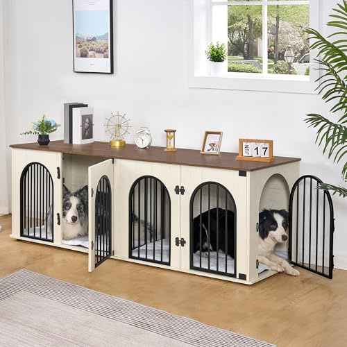 Hzuaneri 180 cm Hundekäfig Möbel für 2 Hunde, Hundebox Kissen, Weiß Braun | Doppel-Hundebox aus Holz mit Trennwand, Hundekäfig-Beistelltisch, TV-Ständer-Design für Mittlere/Große Hunde, DFC91914B