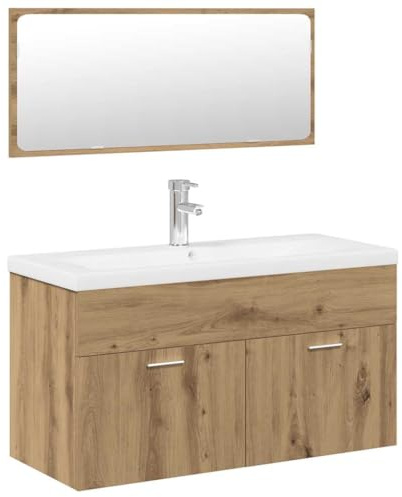 HETFTJN 35-Inch Wall-Mounted Bathroom Vanity Set with Ceramic Sink, Oak